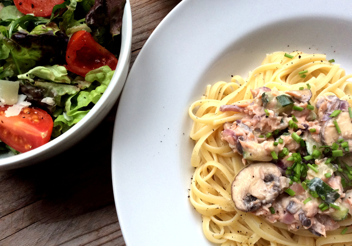 Linguini with salmon home