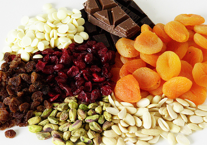 Chocolate fruits nuts cookies side